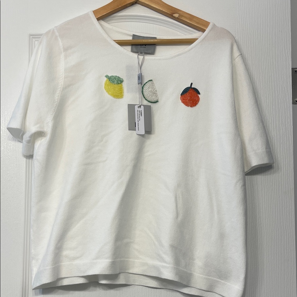 LIV Milano White Knit Tee with Fruit Beading Size XL Embroidery, New